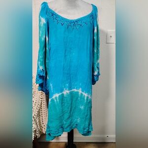 Shoreline Tunic Dress Swim Coverup 5XL Blue Green Tie dye Embroidery Resort Wear
